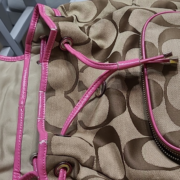 Coach Signature Stripe khaki pink Backpack bag - Picture 2 of 13